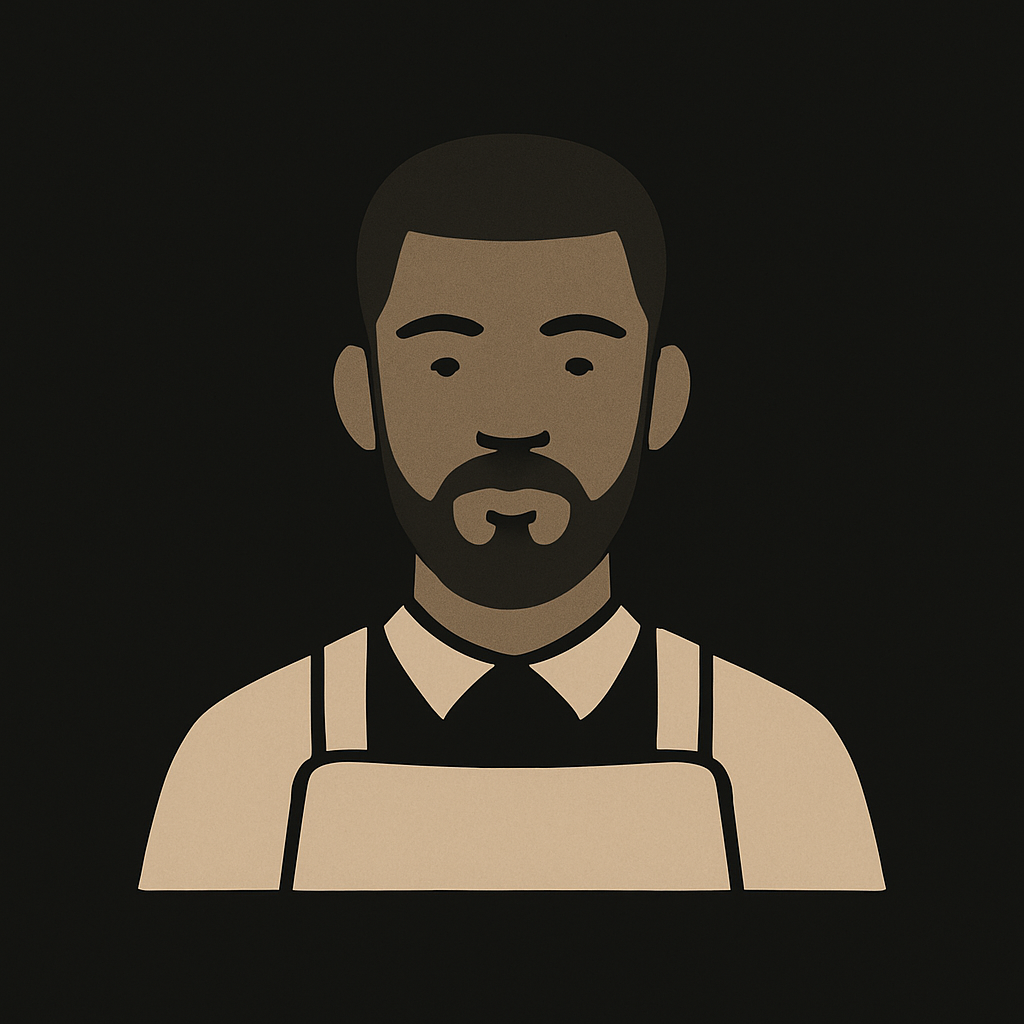 Illustration of a Black man with a beard wearing a white shirt and beige apron against a black background.