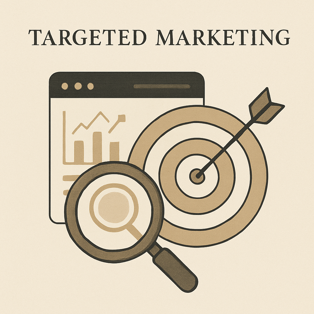 Targeted marketing concept: magnifying glass, bullseye, graph, and arrow.