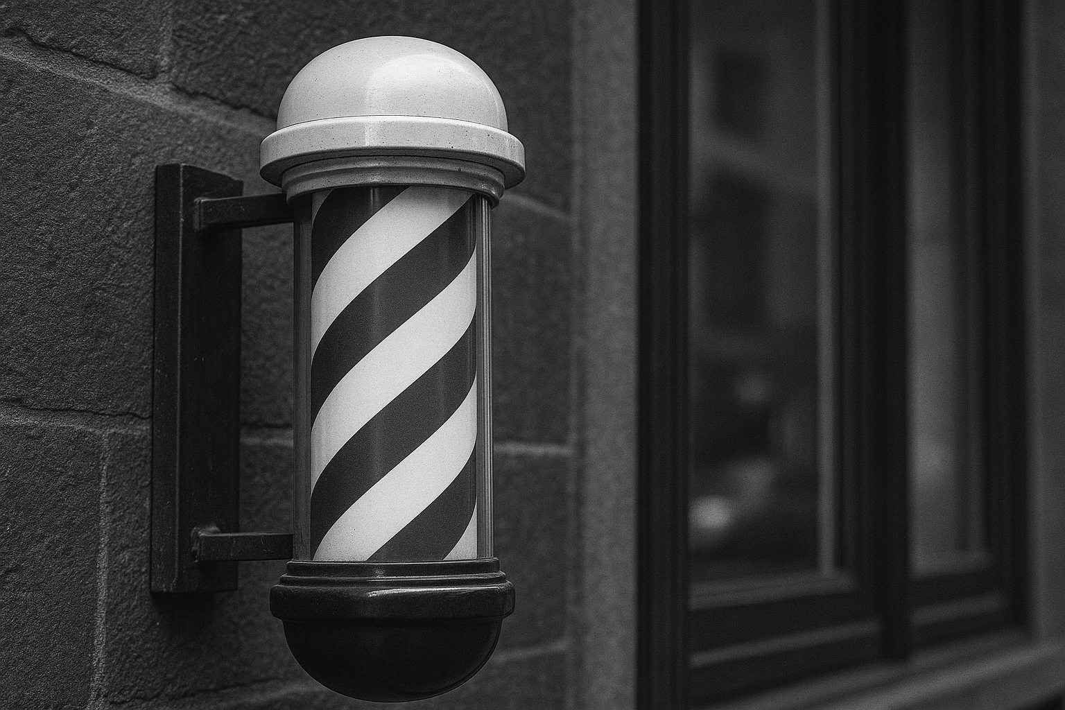 Black and white photo of a classic barber pole with red and white stripes mounted on a brick wall.