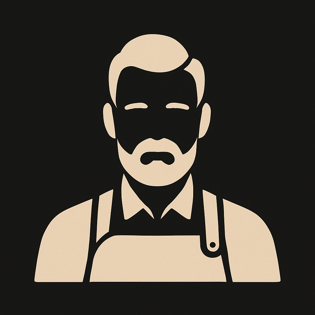 Man with beard and apron, tan on a dark background.