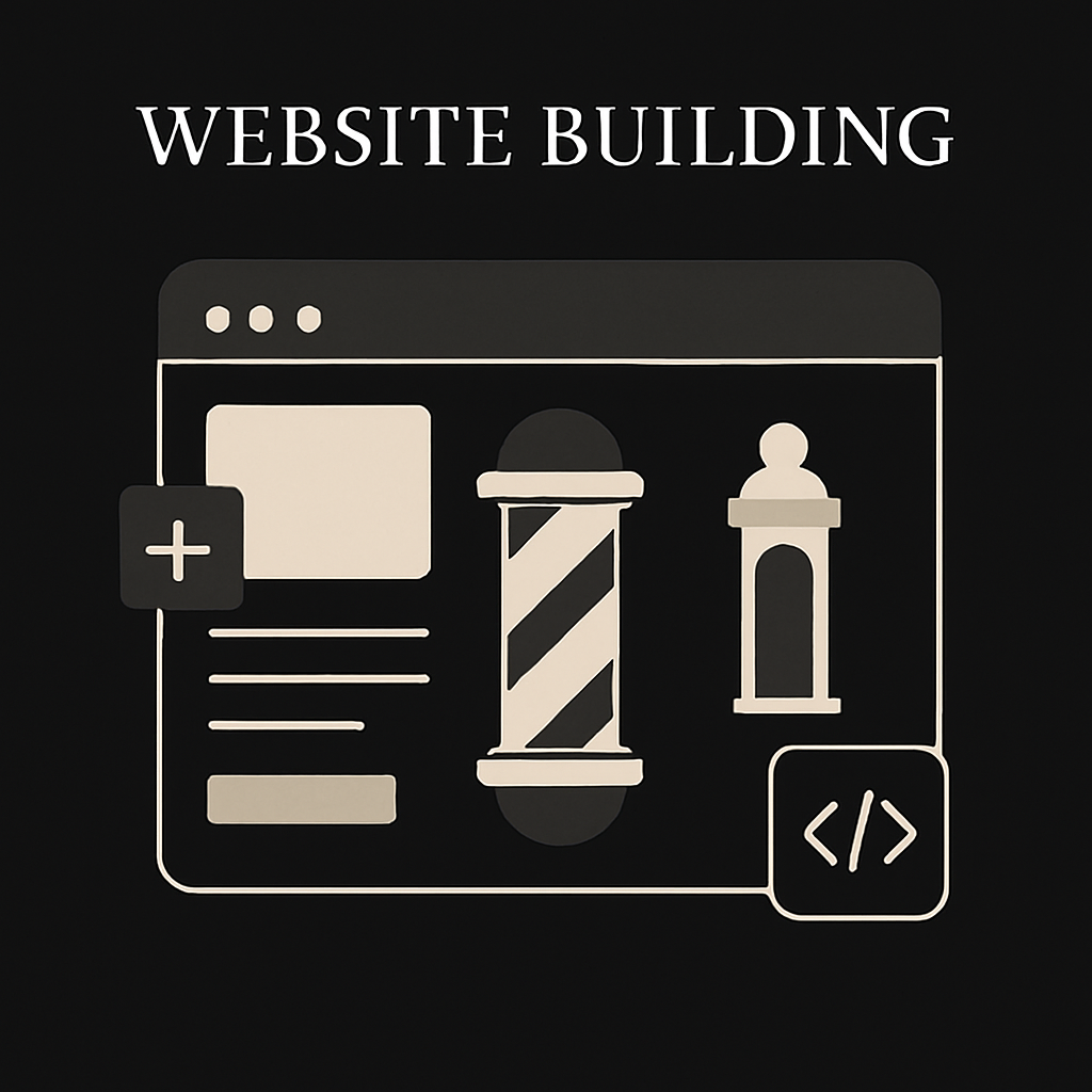 Website building illustration with a computer screen, barber pole and code icon.