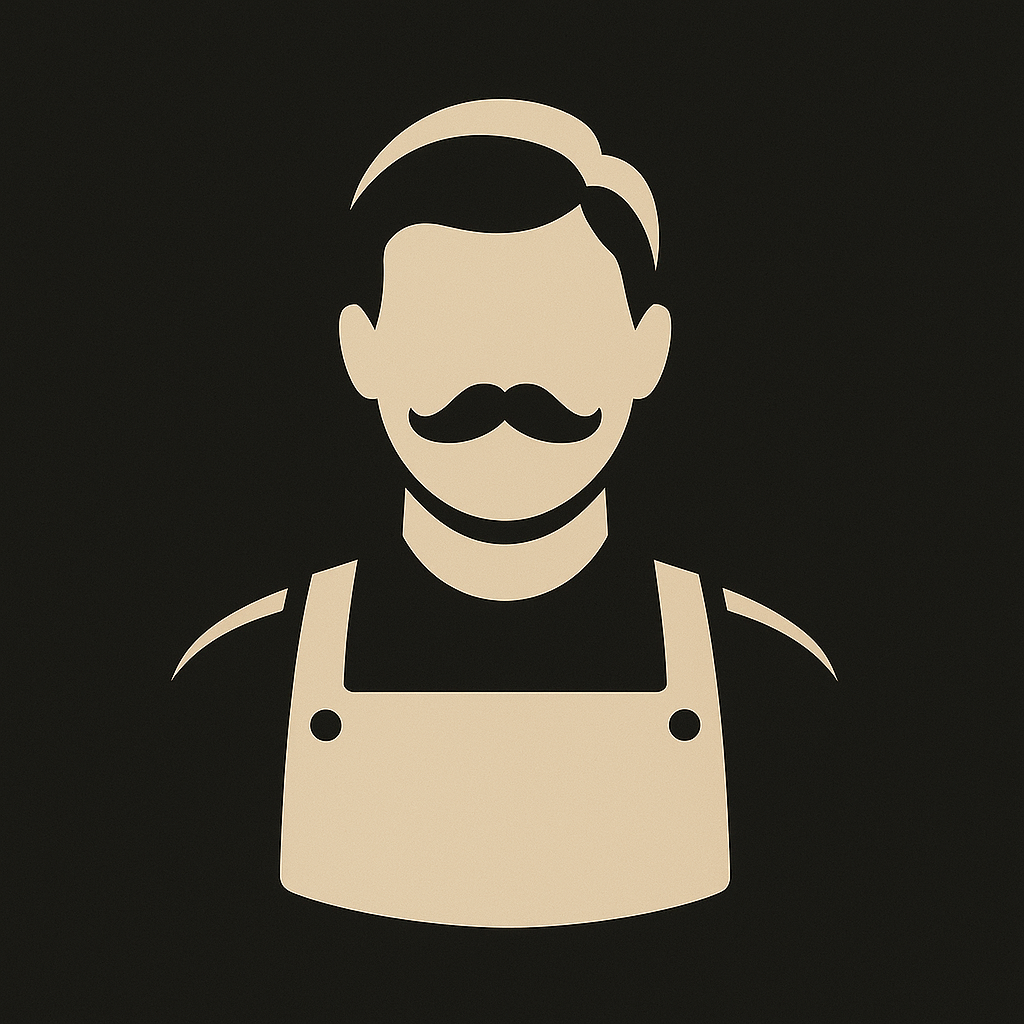 Man with a mustache and apron, tan on a black background.