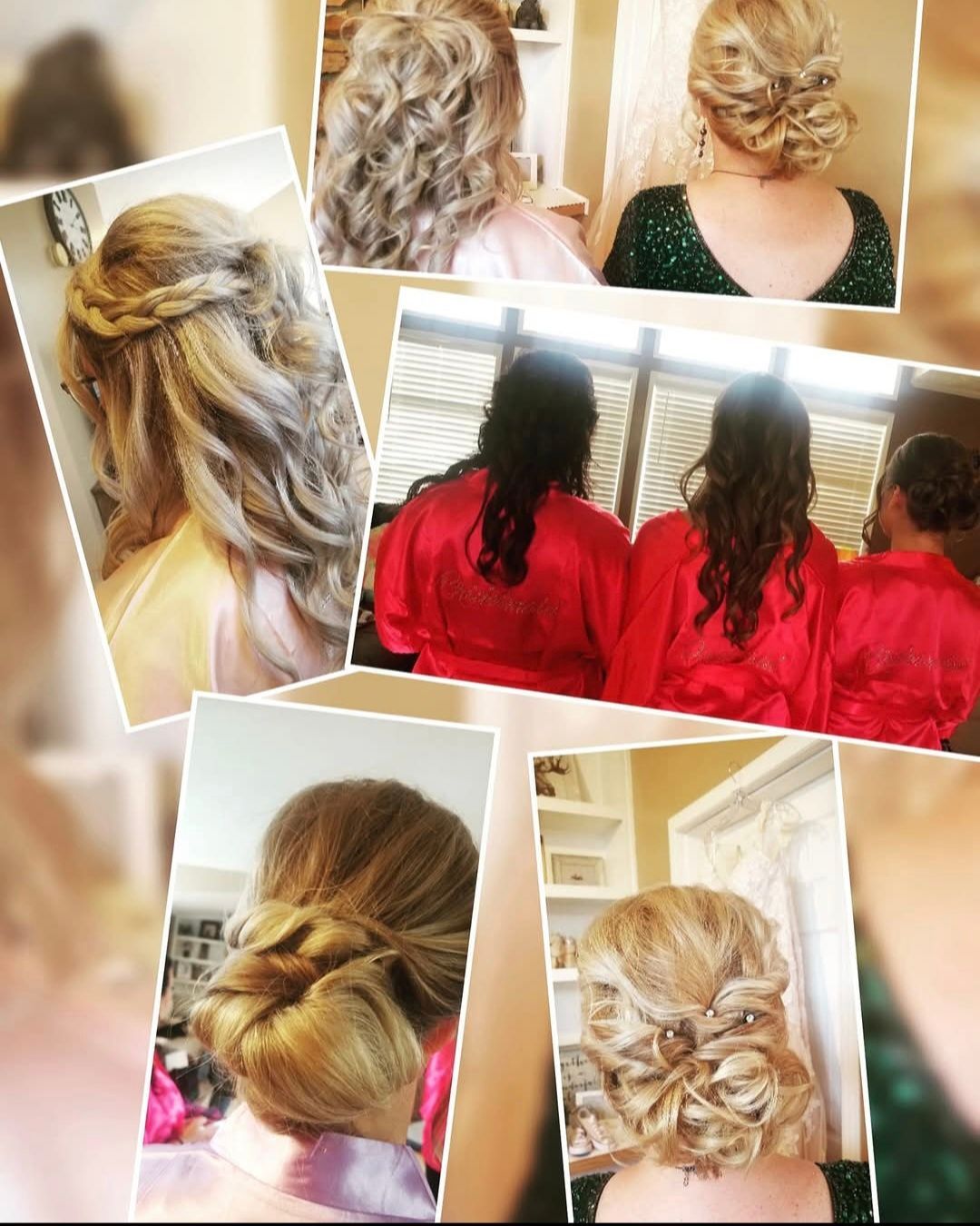Collage of women with various elegant hairstyles. Styles include braids, buns, and loose curls, some in a salon setting.