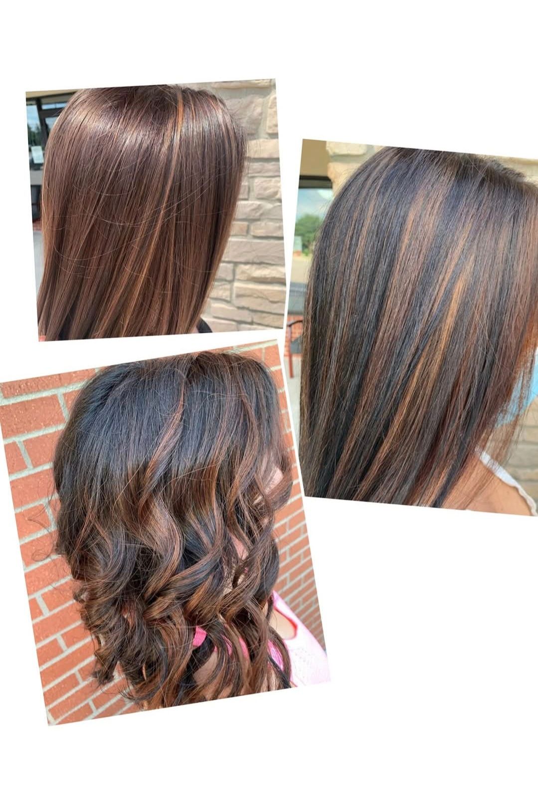Three photos of brown hair with highlights in different styles and lengths.