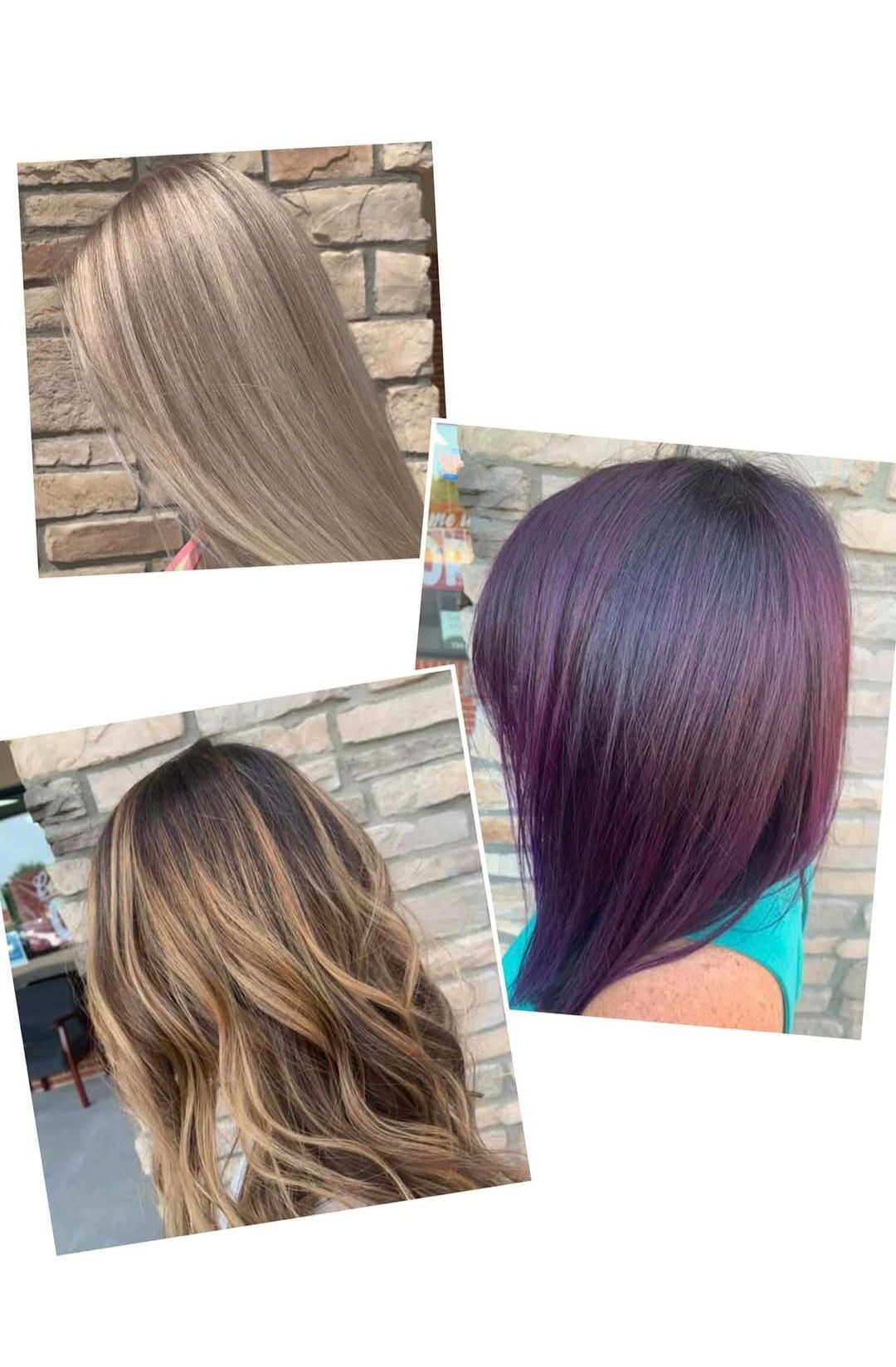 Three examples of dyed hair: blonde, purple, and brown with highlights.