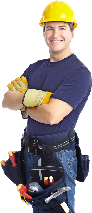 Smiling construction worker in a yellow hard hat with tool belt, arms crossed, on white background