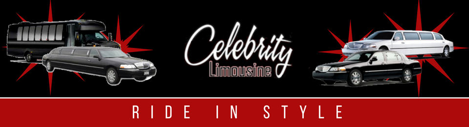 Black and red limousine service banner with two limousines, “Celebrity Limousines,” and “Ride in style” text