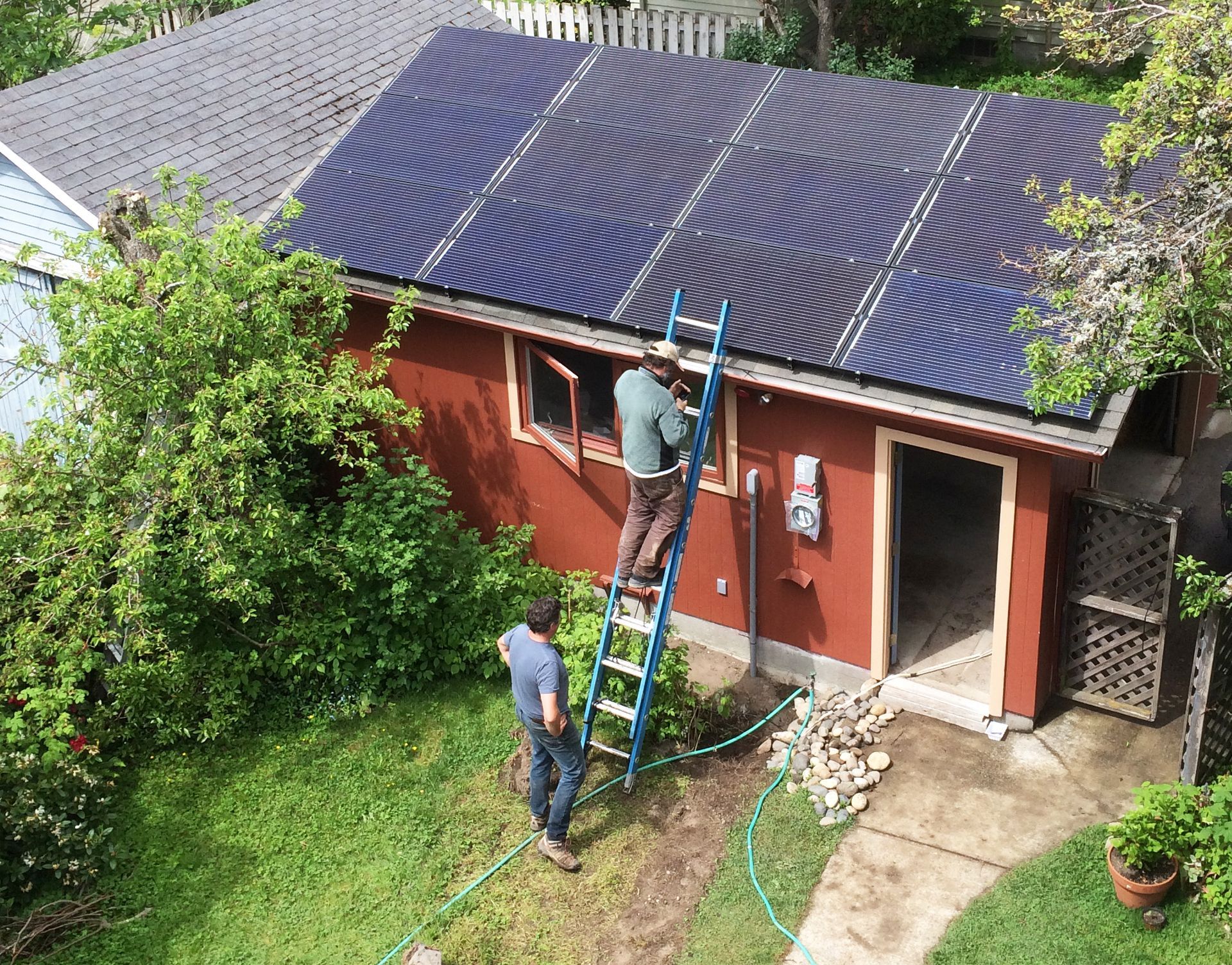 Solar panel installation on shed roof in Puyallup, Washington.