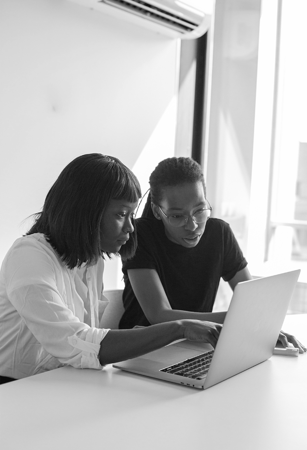 Mentor showing mentee something on a computer screen.