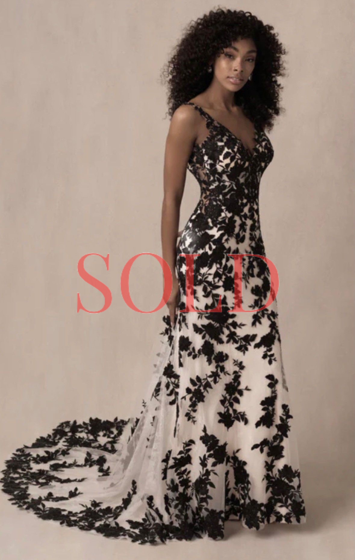 A full-length, A-line gown with black floral lace overlays on a cream background, featuring a V-neckline and a long train.