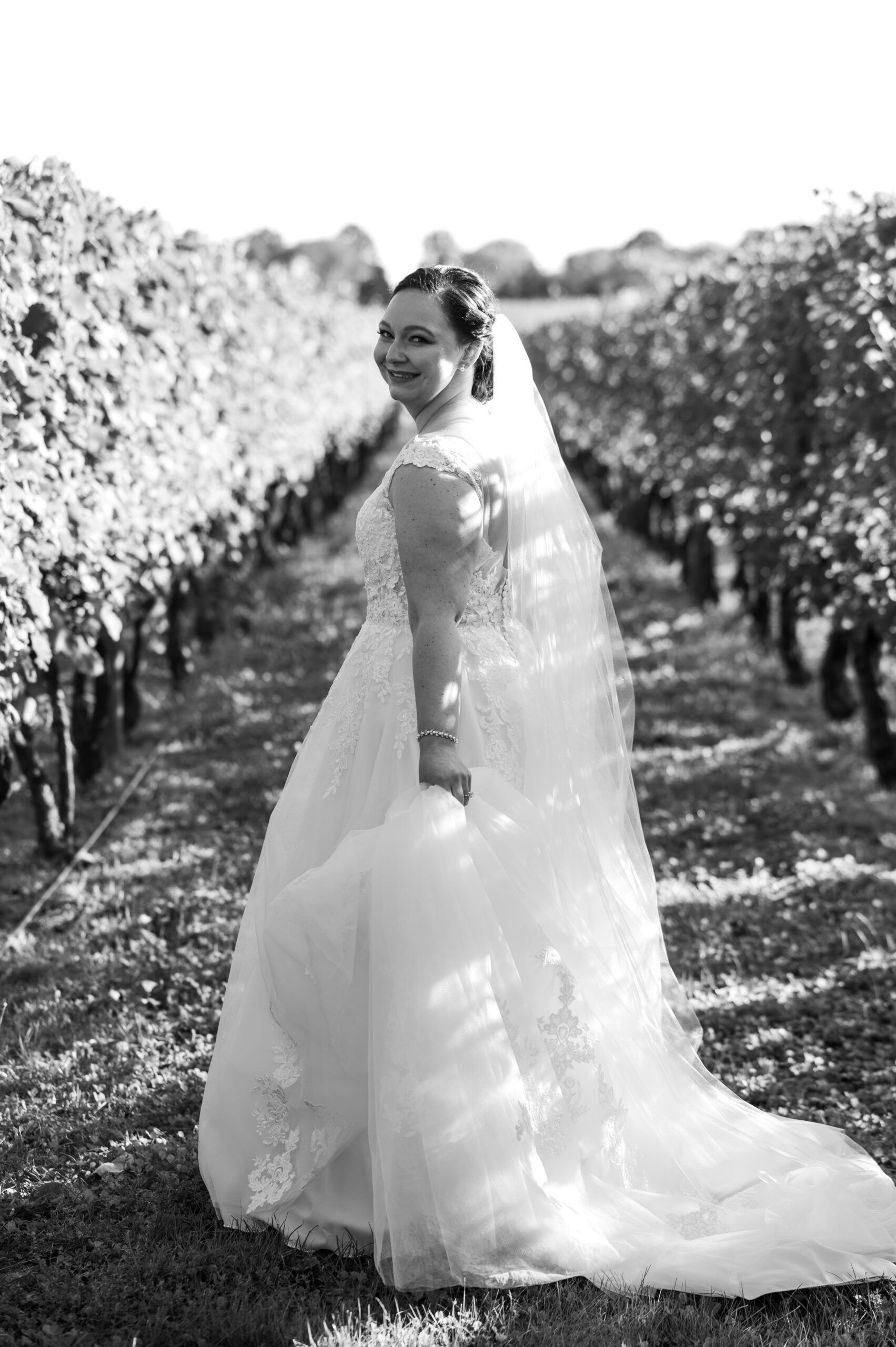 A bride in a wedding dress and veil is standing in a vineyard.