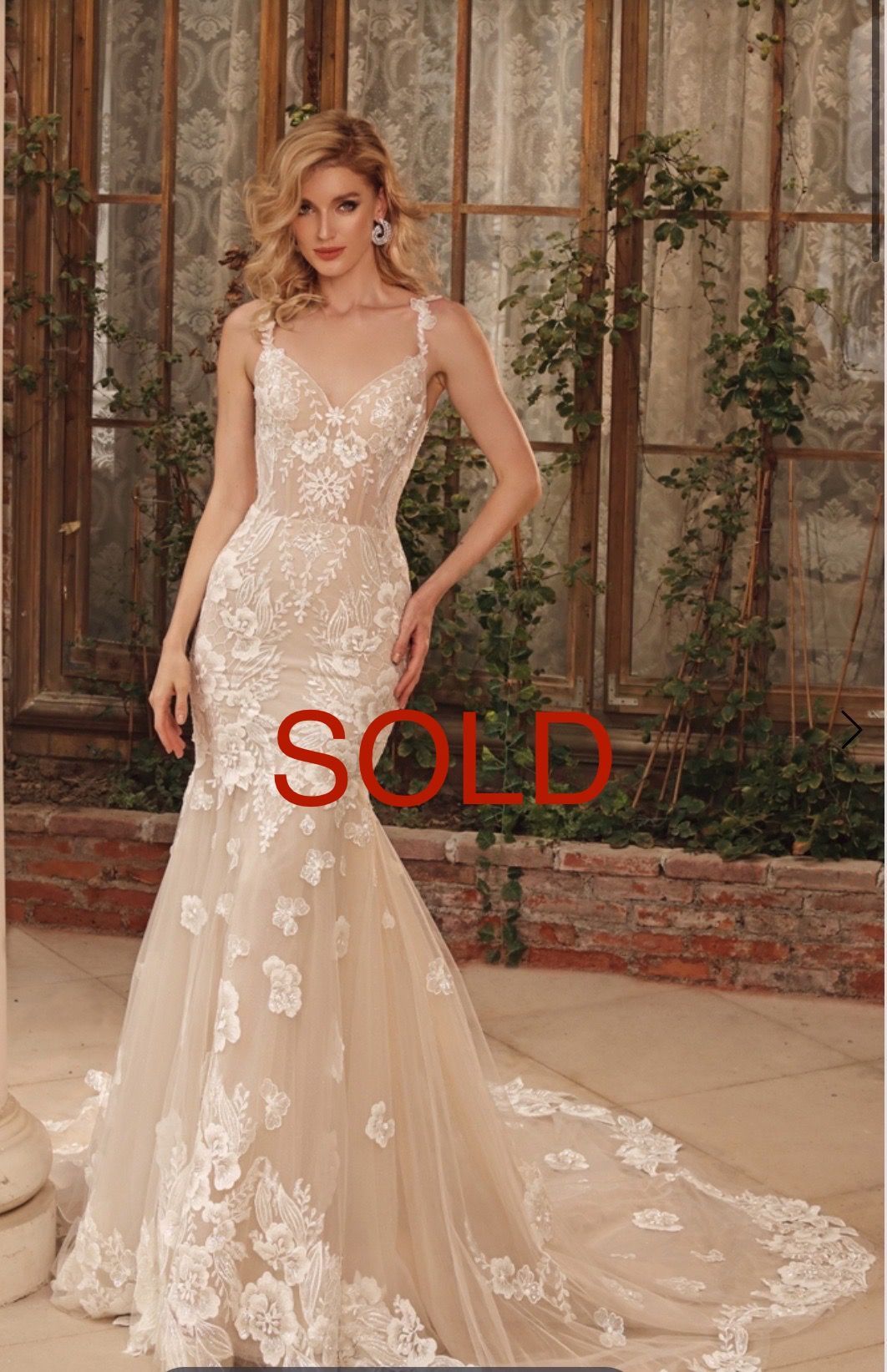 Bride in a white mermaid wedding dress with floral embellishments and a long train, posing outdoors.