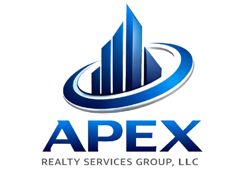 Logo for Apex Realty Services Group, LLC featuring a blue stylized building graphic encircled by a swoosh.