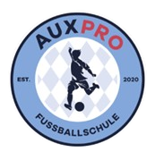 A logo for auxpro fussballschule with a man kicking a soccer ball