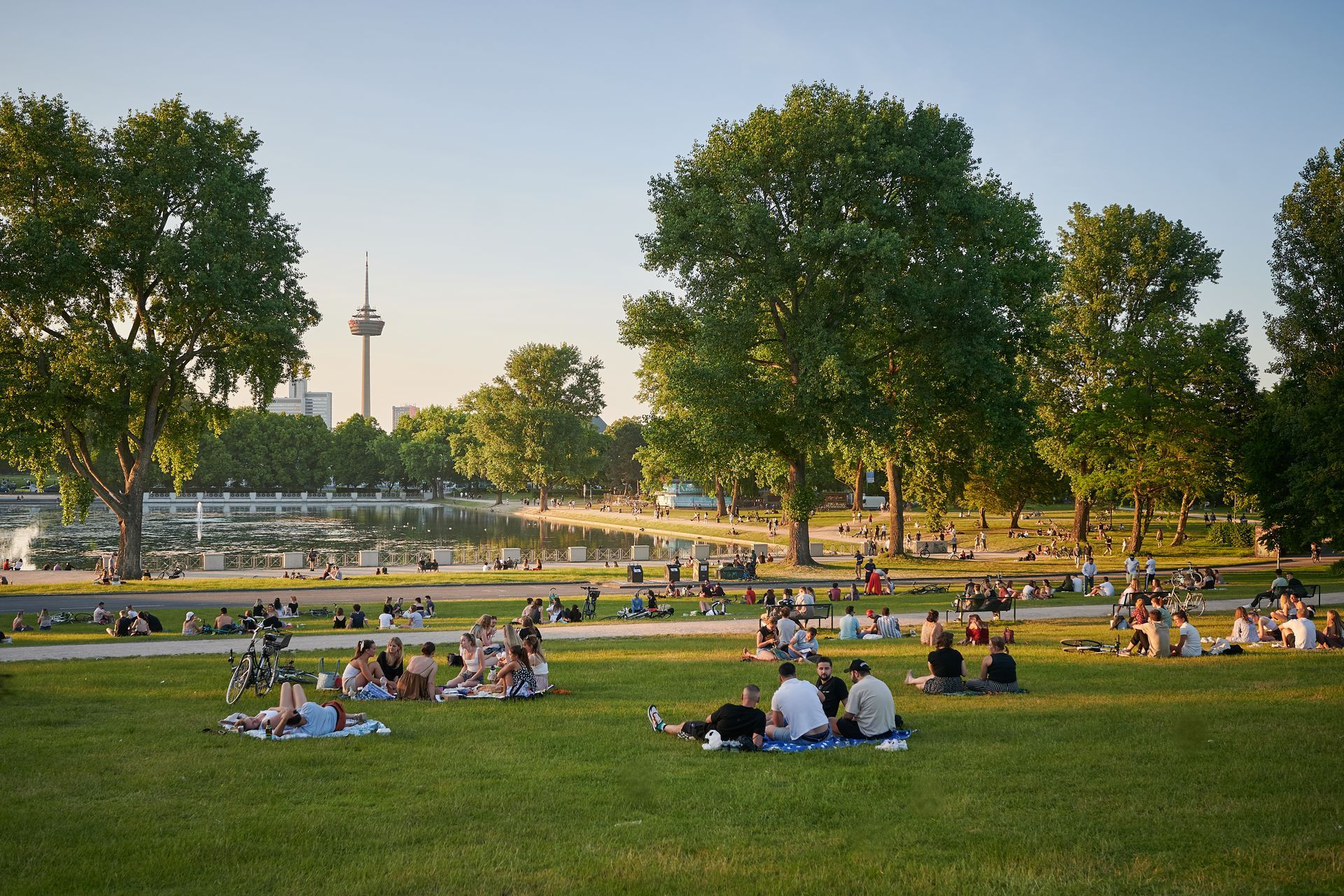 A group of people are sitting on the grass in a park