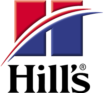 Hill's pet food logo with red and blue squares, arched white and red lines, and black text.