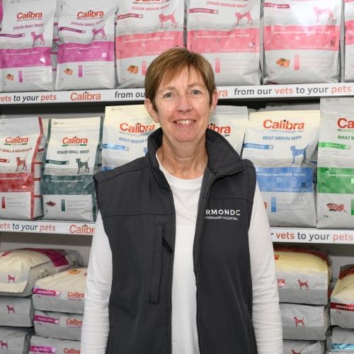 Woman in front of dog food shelves smiles. Wearing a vest, standing in a pet supply store.