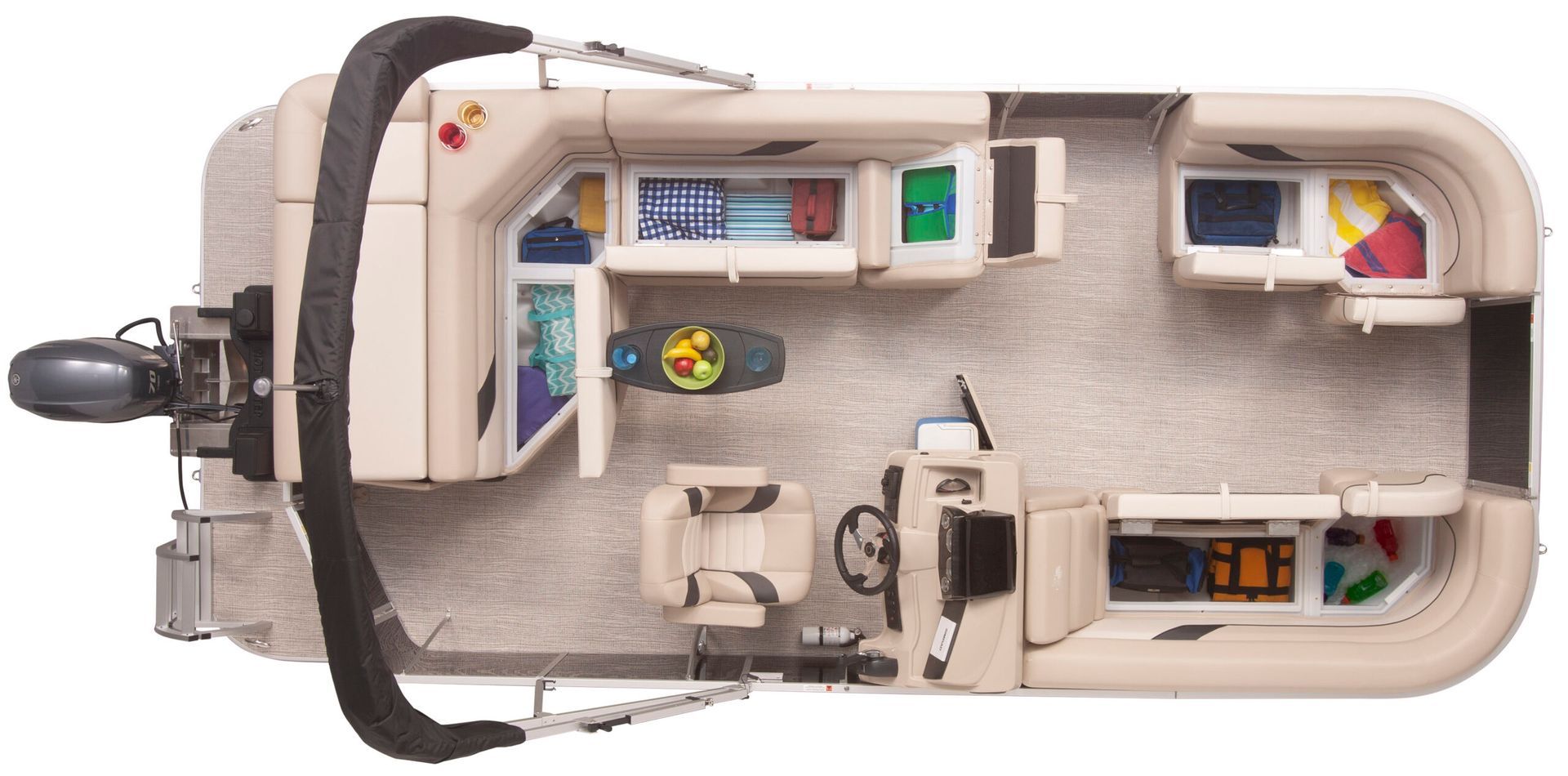 An aerial view of the interior of a pontoon boat