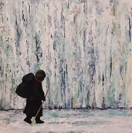 Person walking in snow with a large pack, facing a textured, white and blue background.