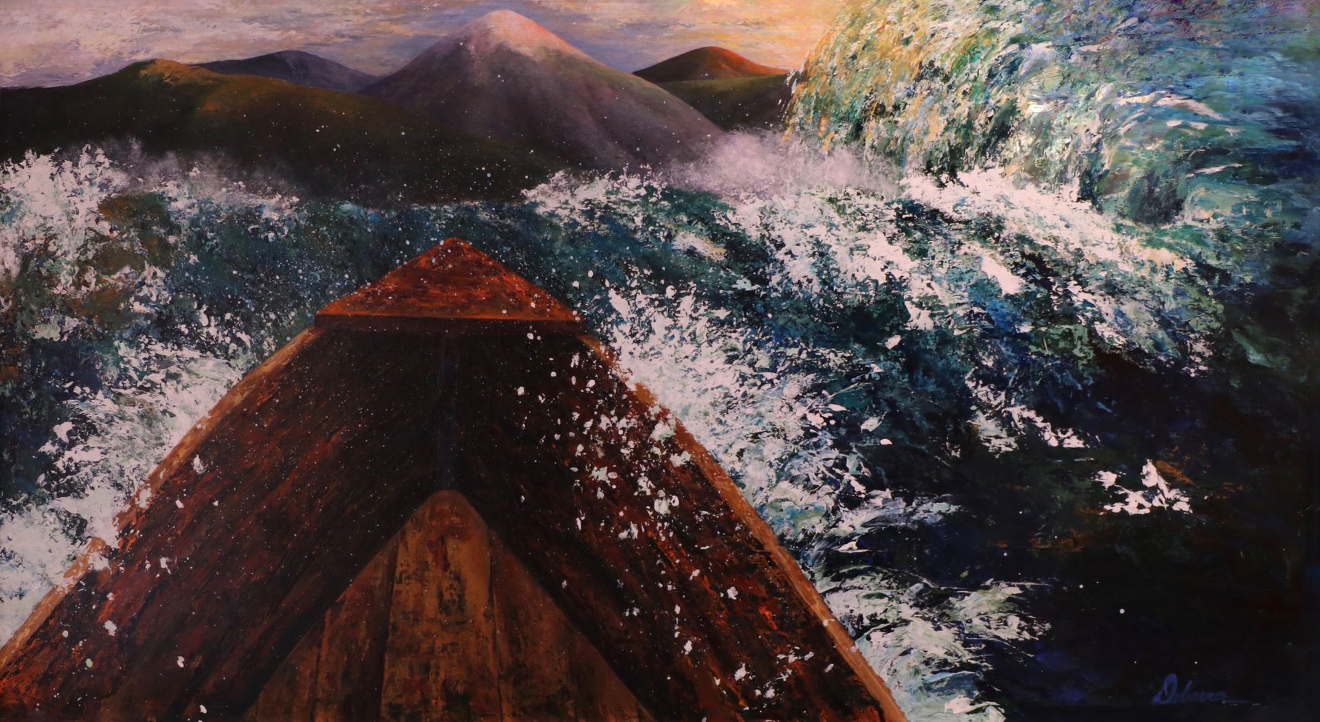 Brown ark atop a mountain peak, turbulent waves crashing, dark mountains in the background.