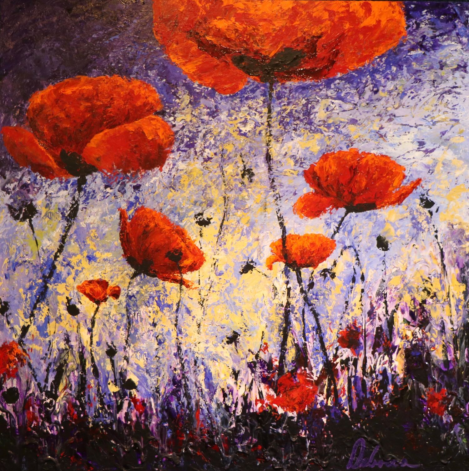 Three sandhill cranes, red and beige, with curved necks; speckled white and purple background.