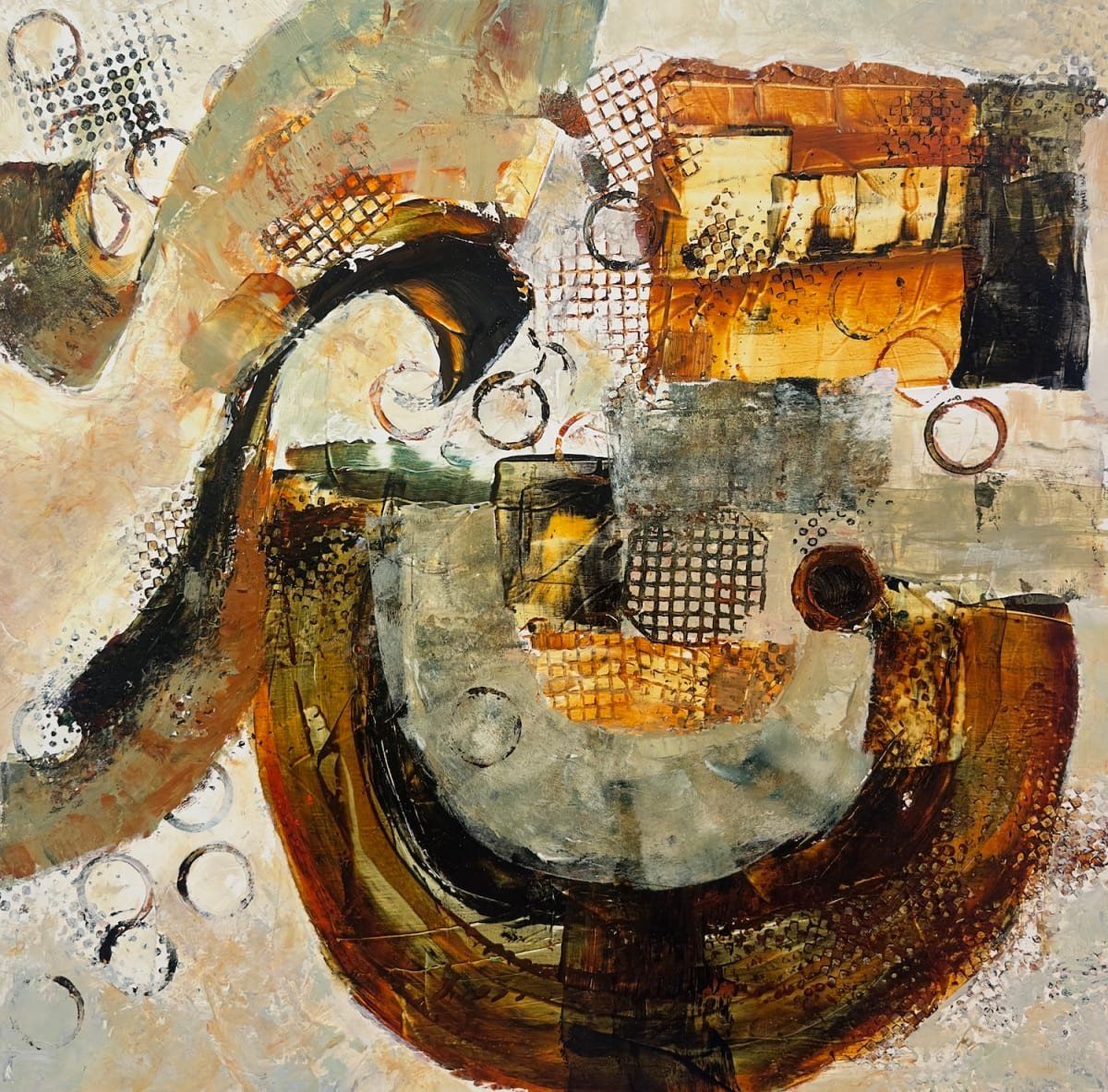 Abstract painting with layered textures in browns, grays, and whites. Includes circular and grid patterns.