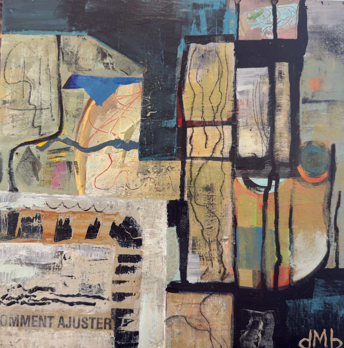 Abstract painting with blocks of color and shapes; muted tones with text, blue, and black.