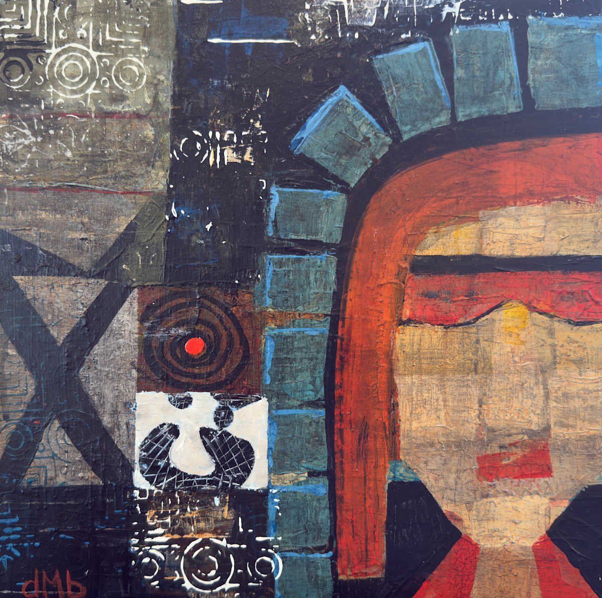 Abstract painting of a face with geometric shapes and patterns. Red, blue, black, and beige colors are prominent.