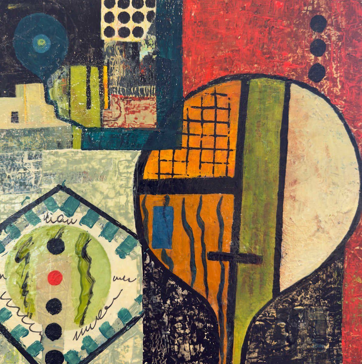 Abstract art; geometric shapes with warm and cool colors.