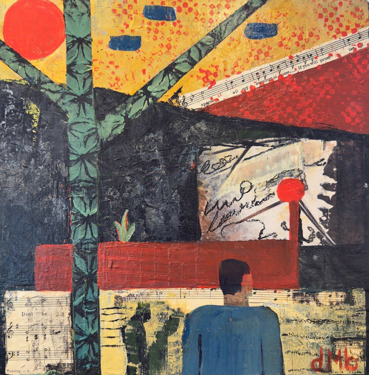 Abstract landscape with a person in blue, tree, red sun, and buildings with textured details.