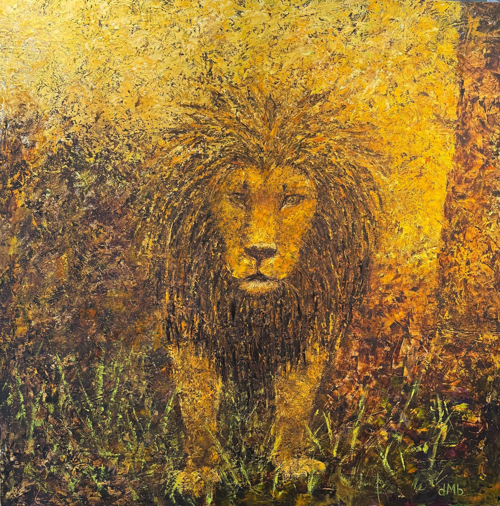 Lion standing in tall grass, illuminated by yellow light.