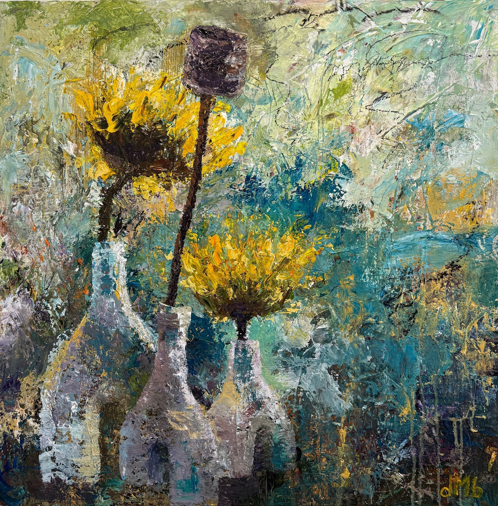 Sunflowers in glass bottles, textured abstract painting in blues, greens, and yellow.