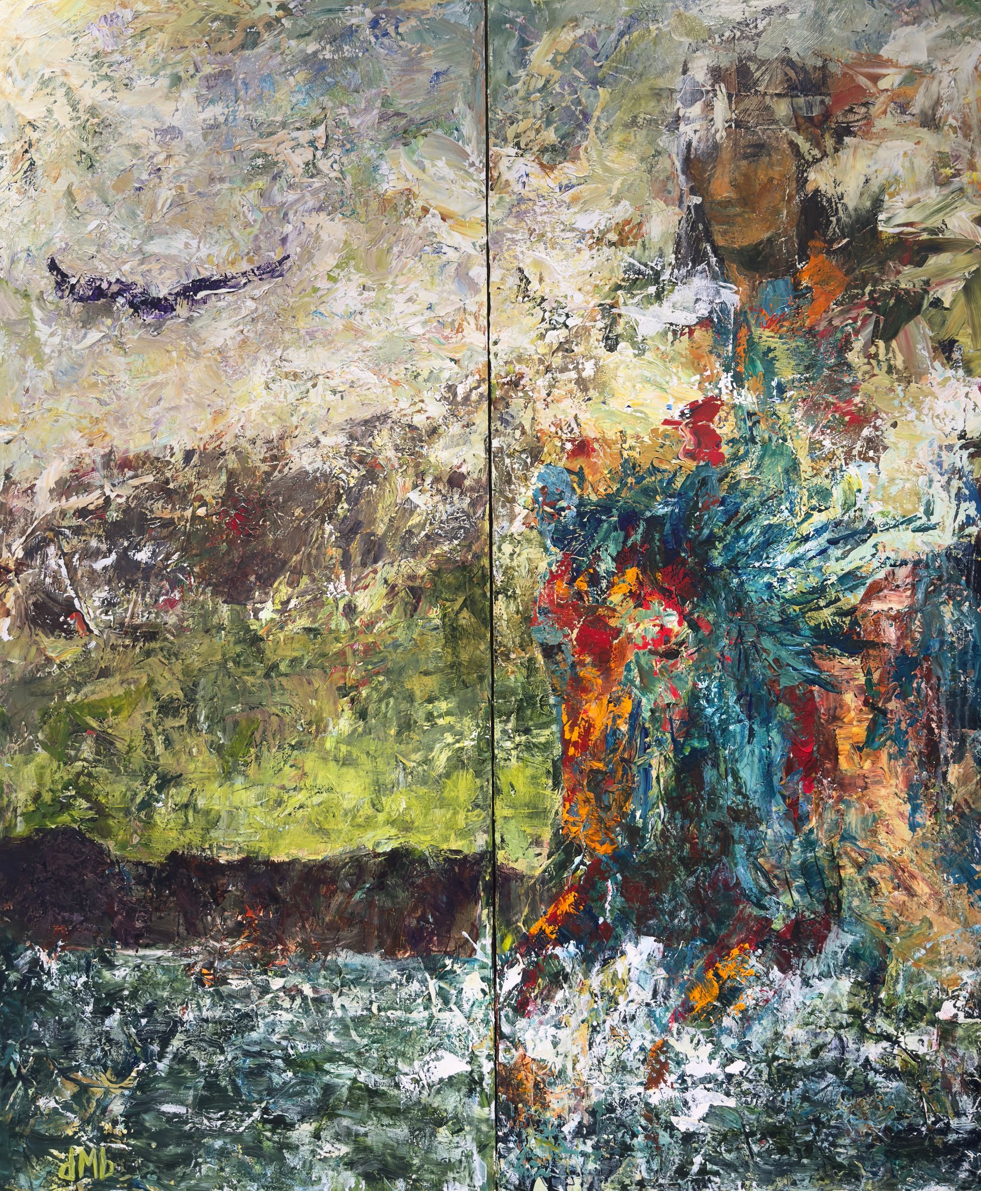 Abstract diptych with a figure, water, and landscape in muted greens, blues, oranges.