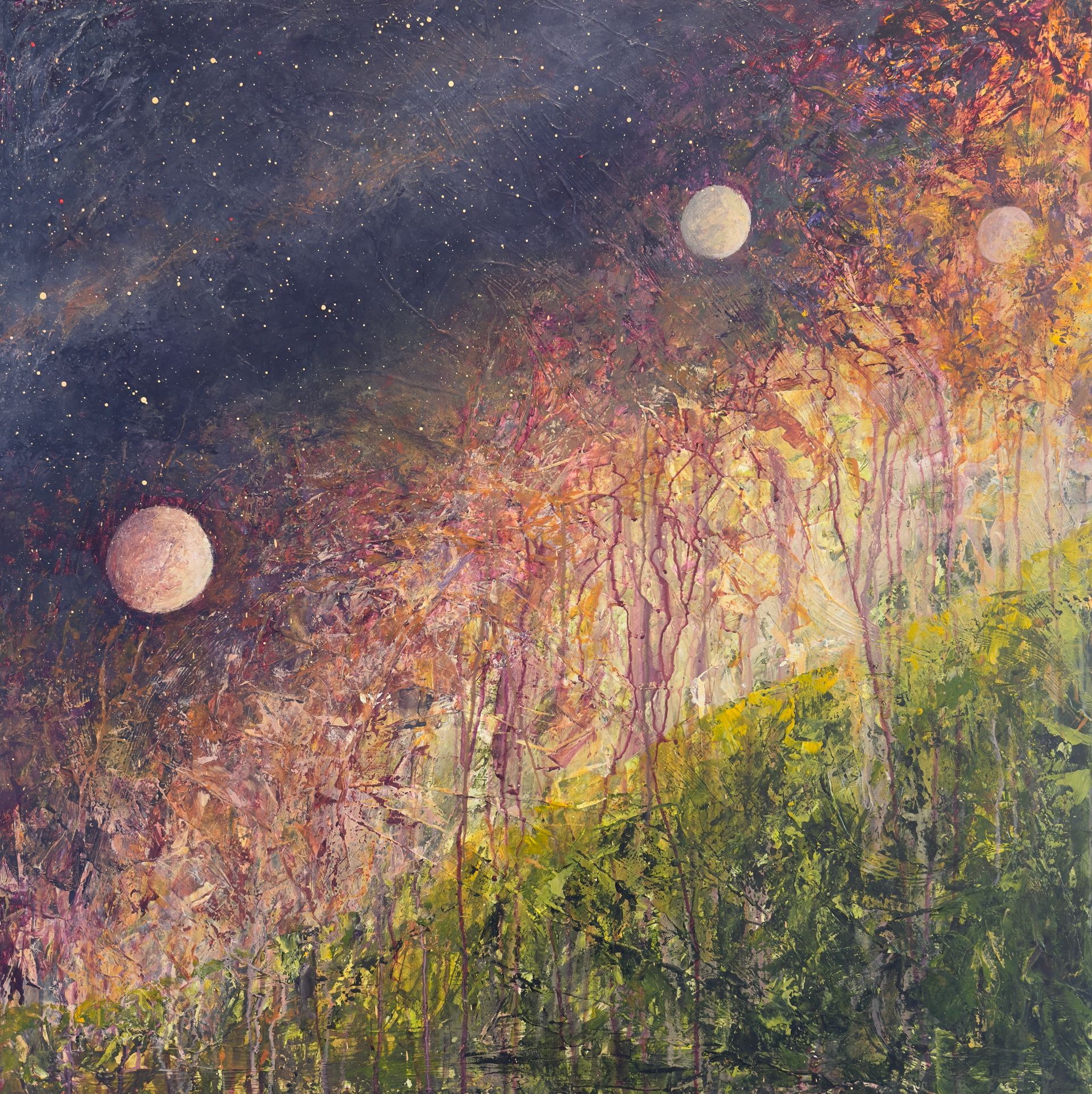 Night sky with three moons over a colorful, textured landscape of trees and foliage.