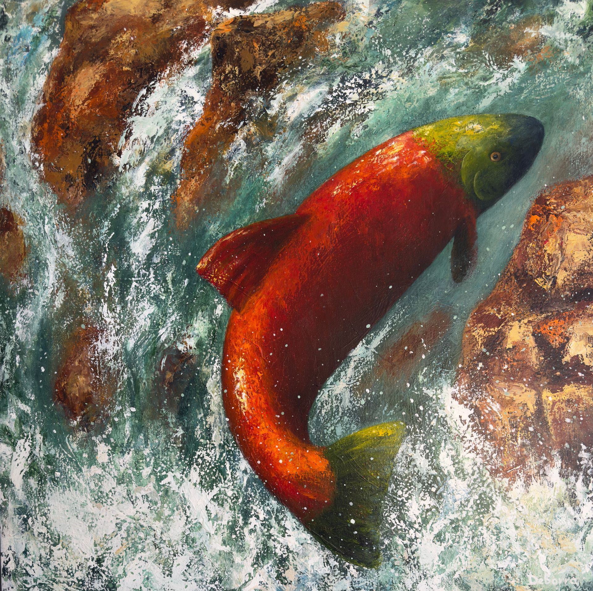 Abstract diptych with a figure, water, and landscape in muted greens, blues, oranges.