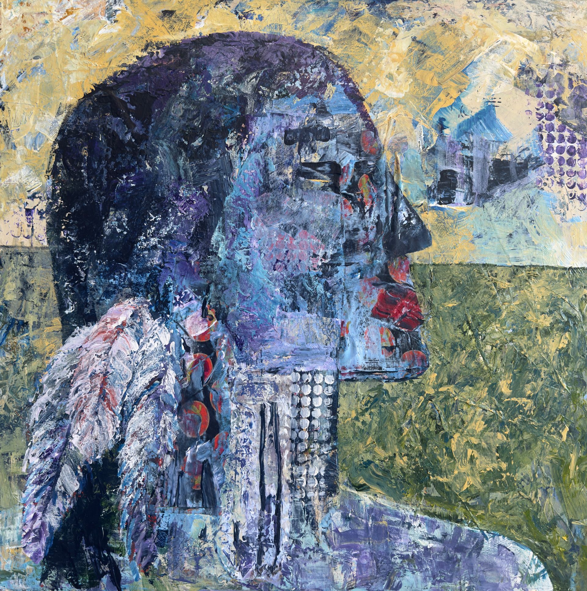 Profile portrait of a figure, blue hues, red lips, side view. Abstract background, gold and green, hints of a structure.