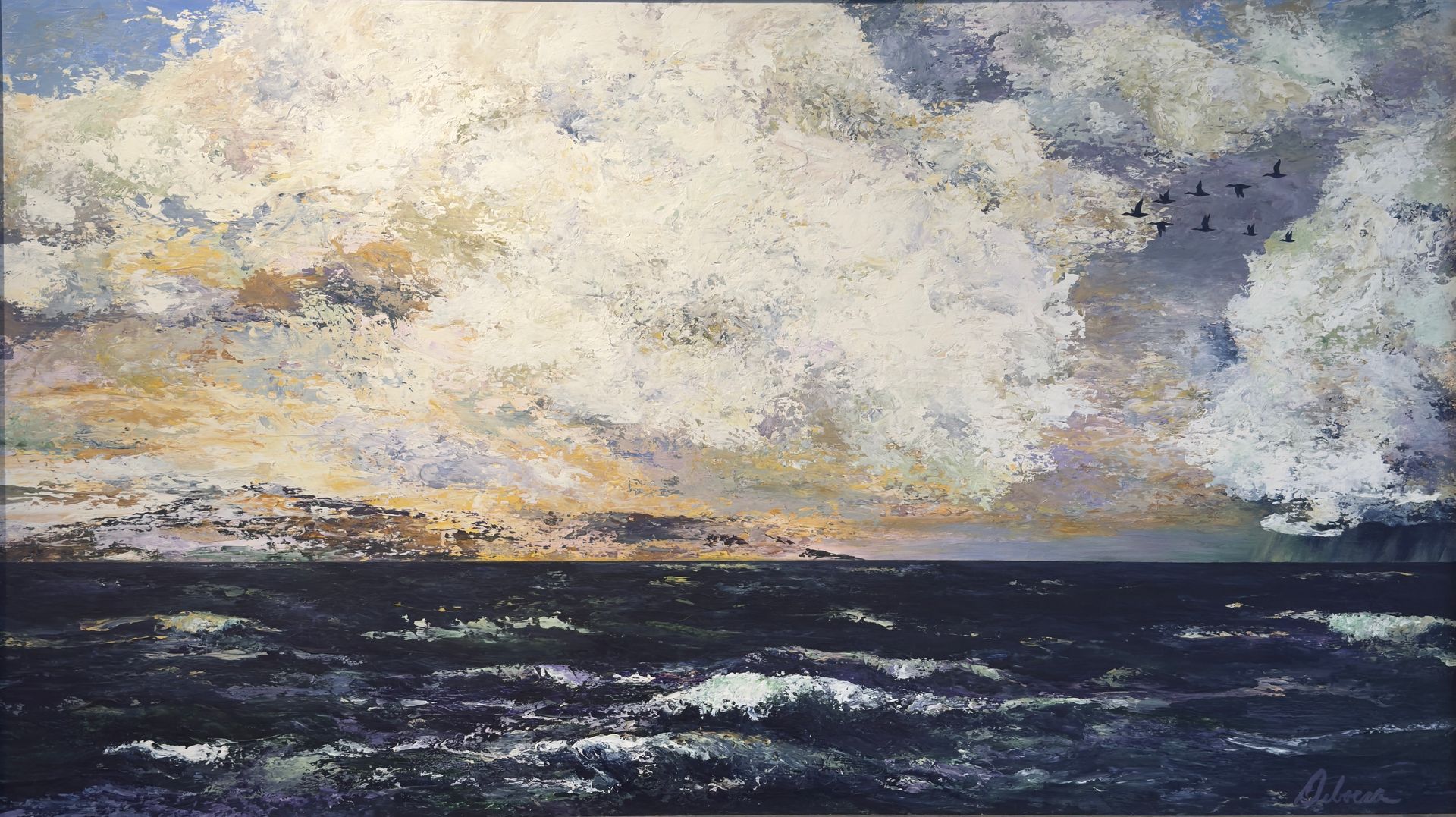 A landscape painting shows a dark mountain, a forest of fall colors, and a stormy sky.