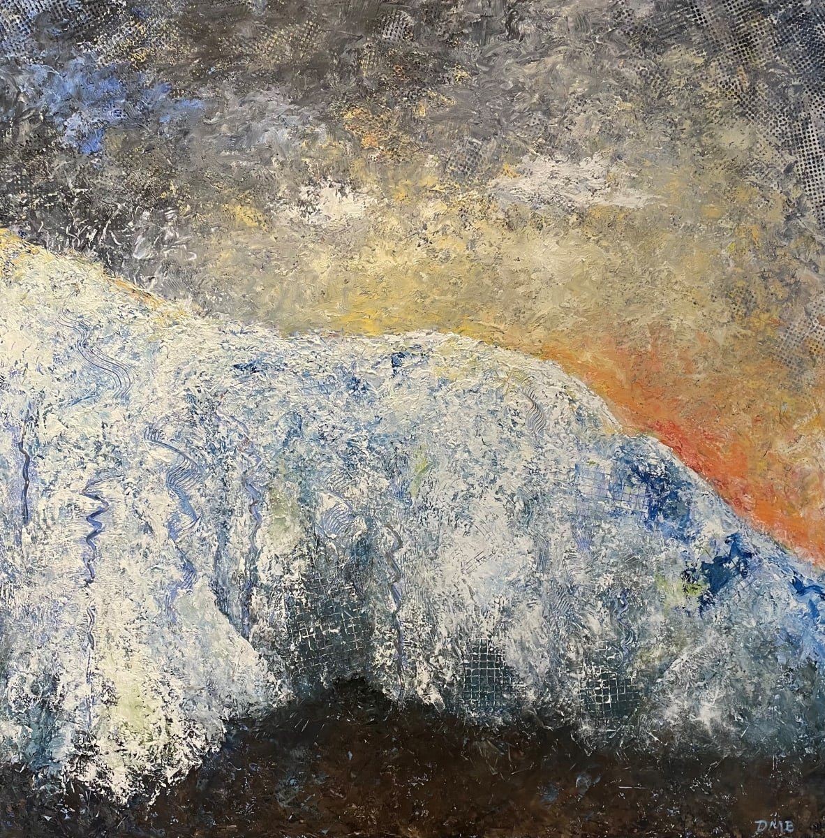 Abstract painting of a snow-covered mountain with a fiery sunset sky.