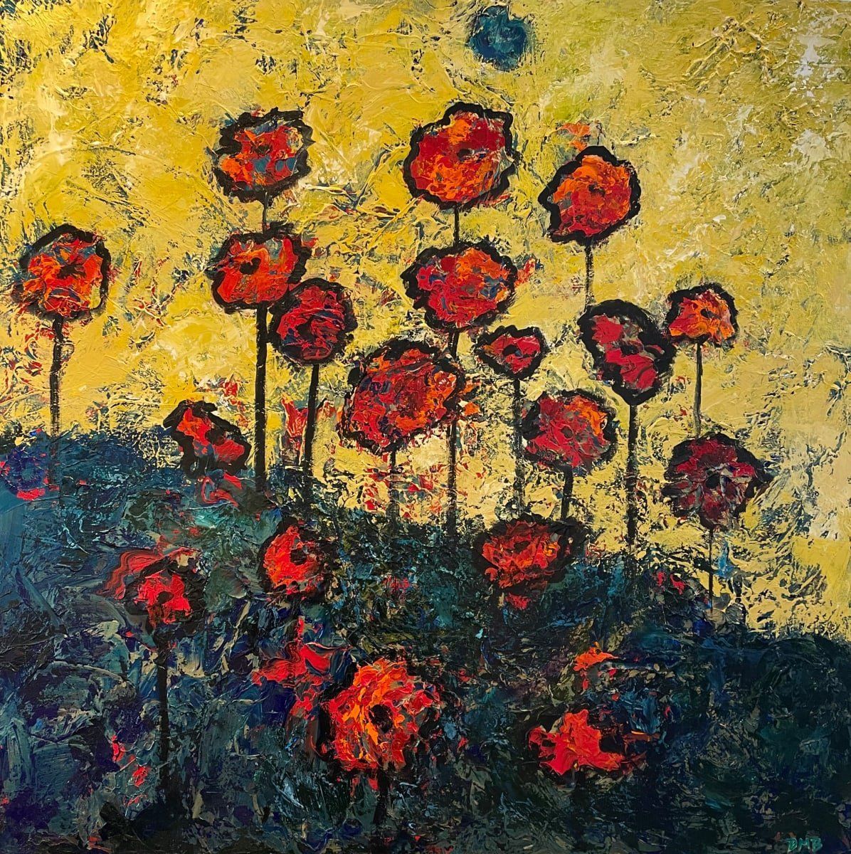 Red poppies against a textured yellow background, dark green foliage, and a blue orb.