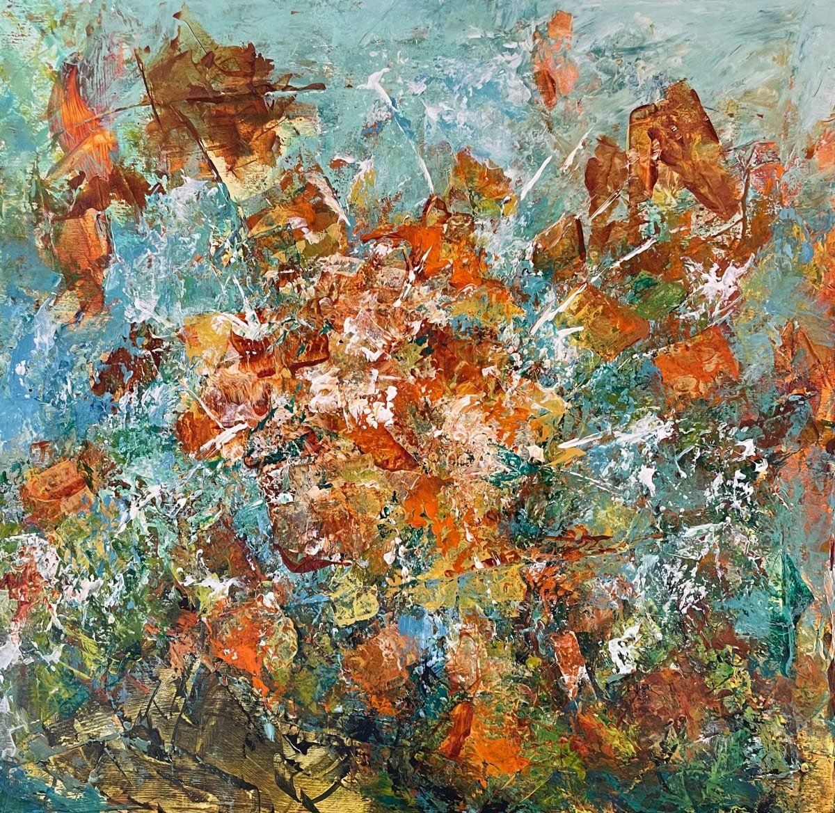 Abstract painting of orange, brown, and white textured shapes on a blue and green background.