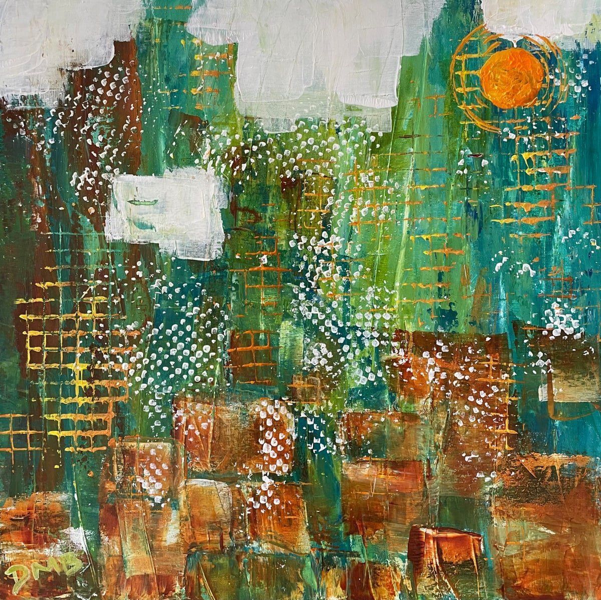 Abstract landscape painting with green, orange, and white textures resembling a city skyline and sun.