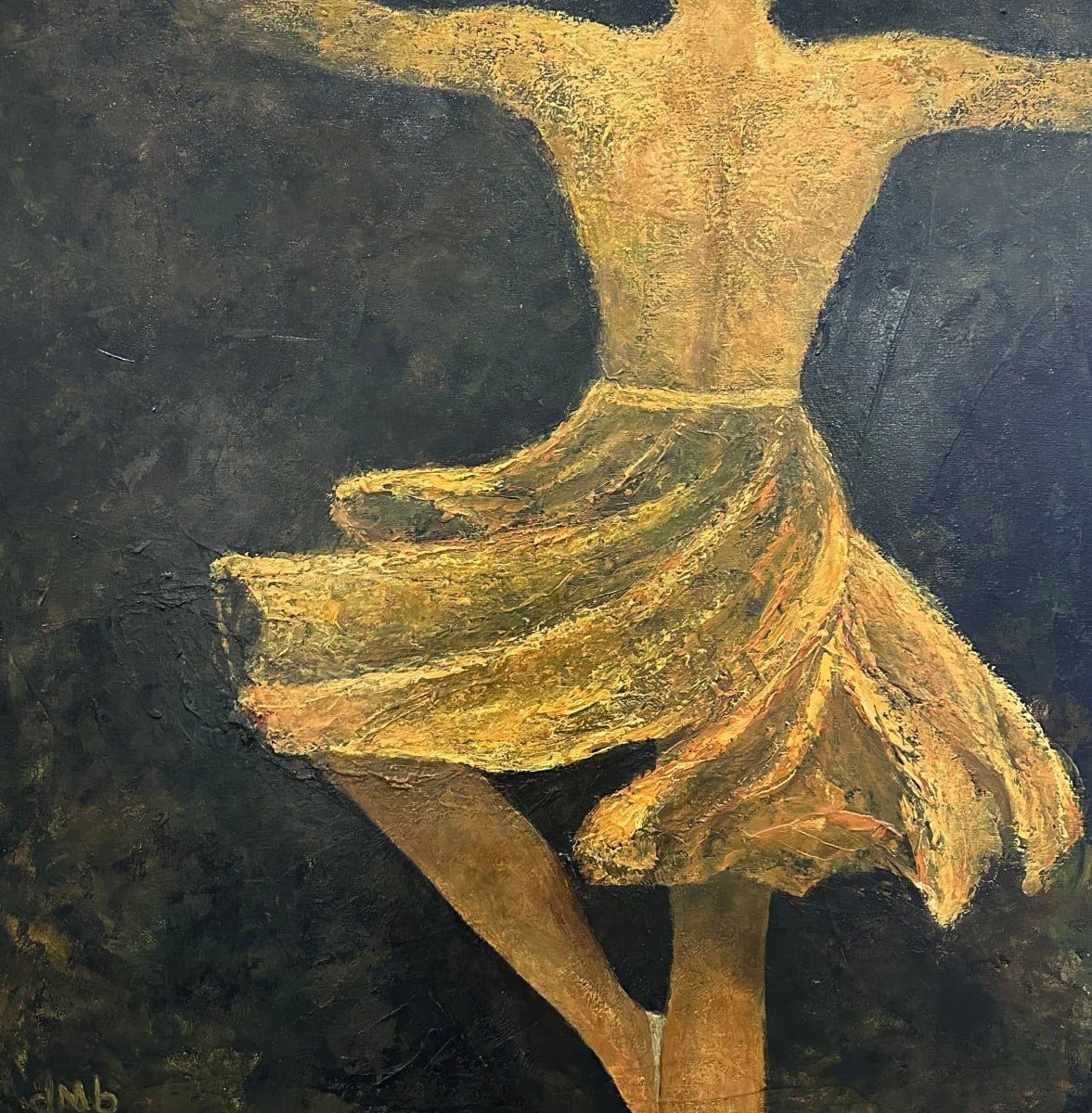 A person in a yellow skirt dances with arms outstretched against a dark background.