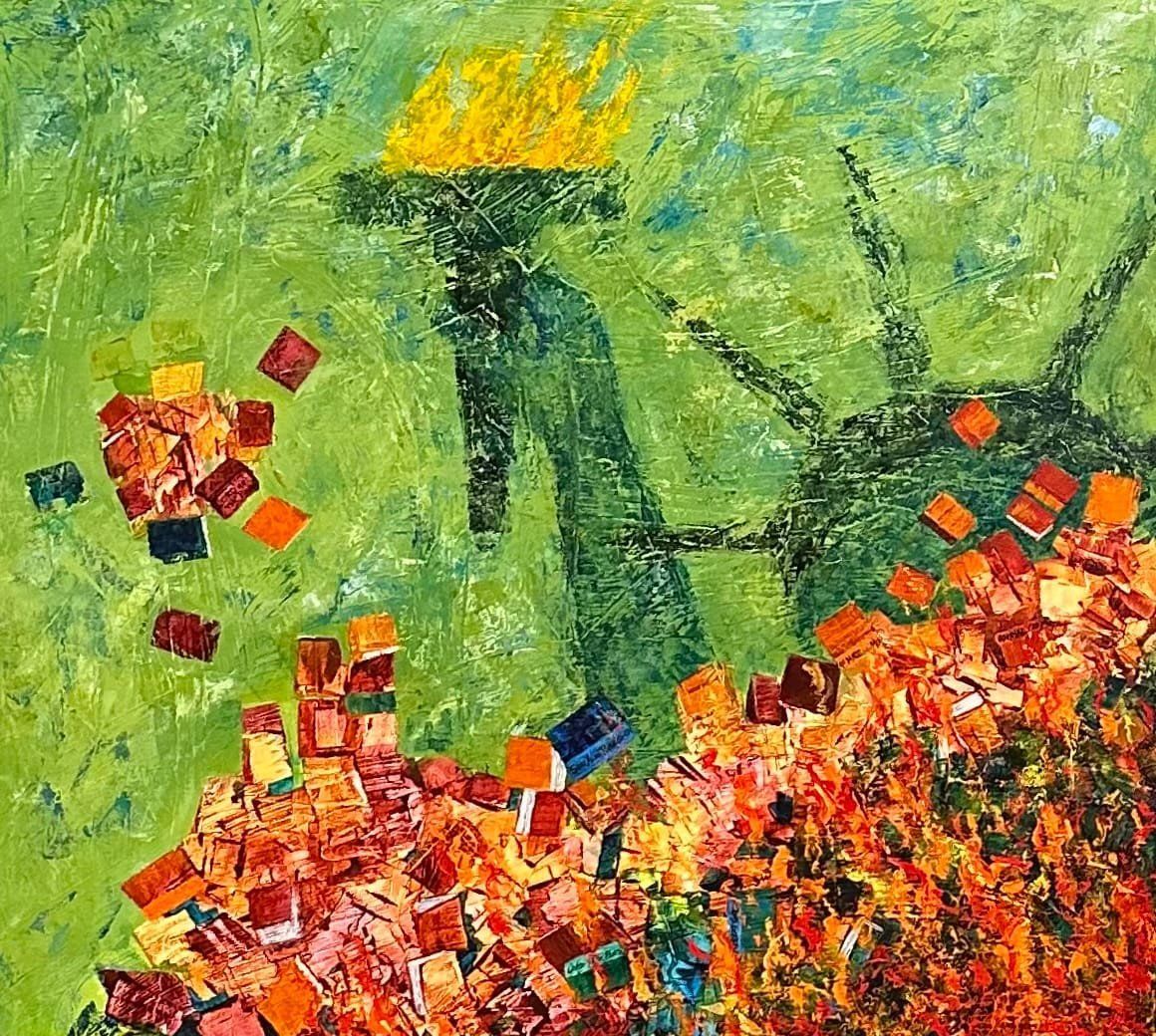 Green painting of the Statue of Liberty with a chaotic pile of colorful blocks in the foreground.