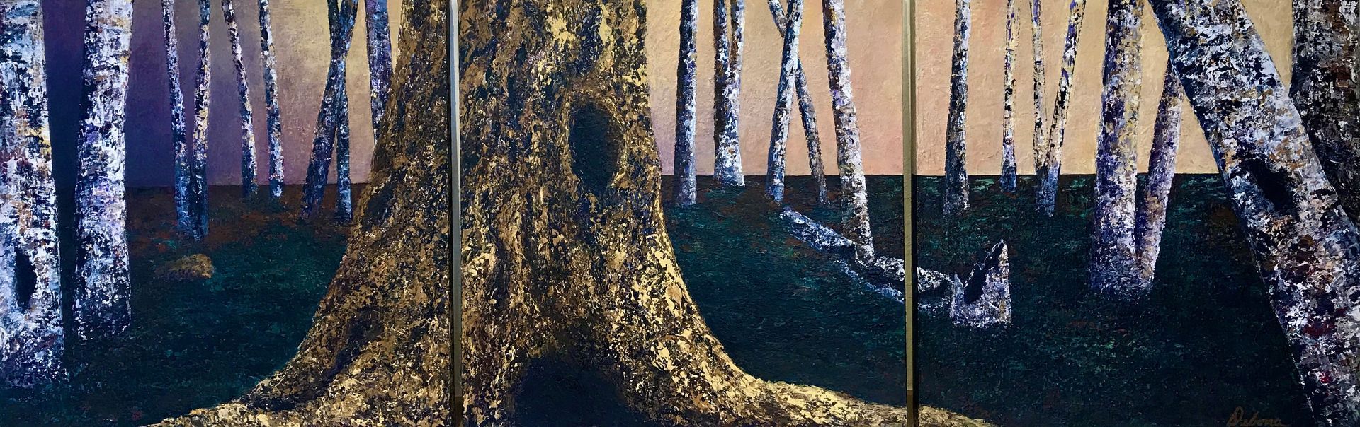 An abstract painting of a forest with a large tree in the foreground and other trees in the background.