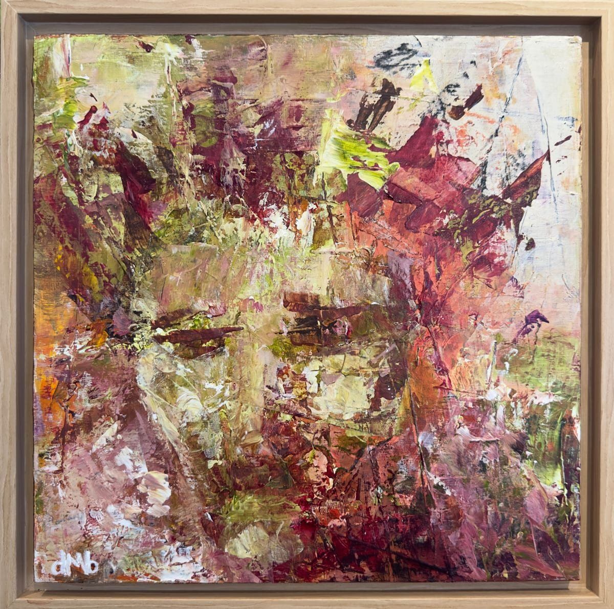 Abstract painting, reddish-brown, green, and cream hues. Visible strokes with suggestion of a face.