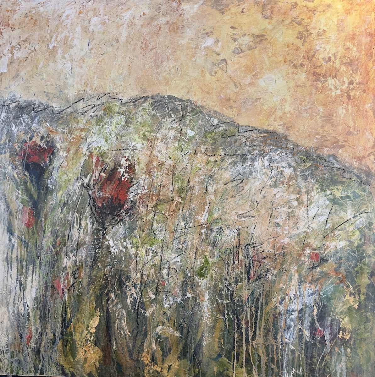 Abstract painting of a mountain in neutral colors, with hints of red and green in the foreground.