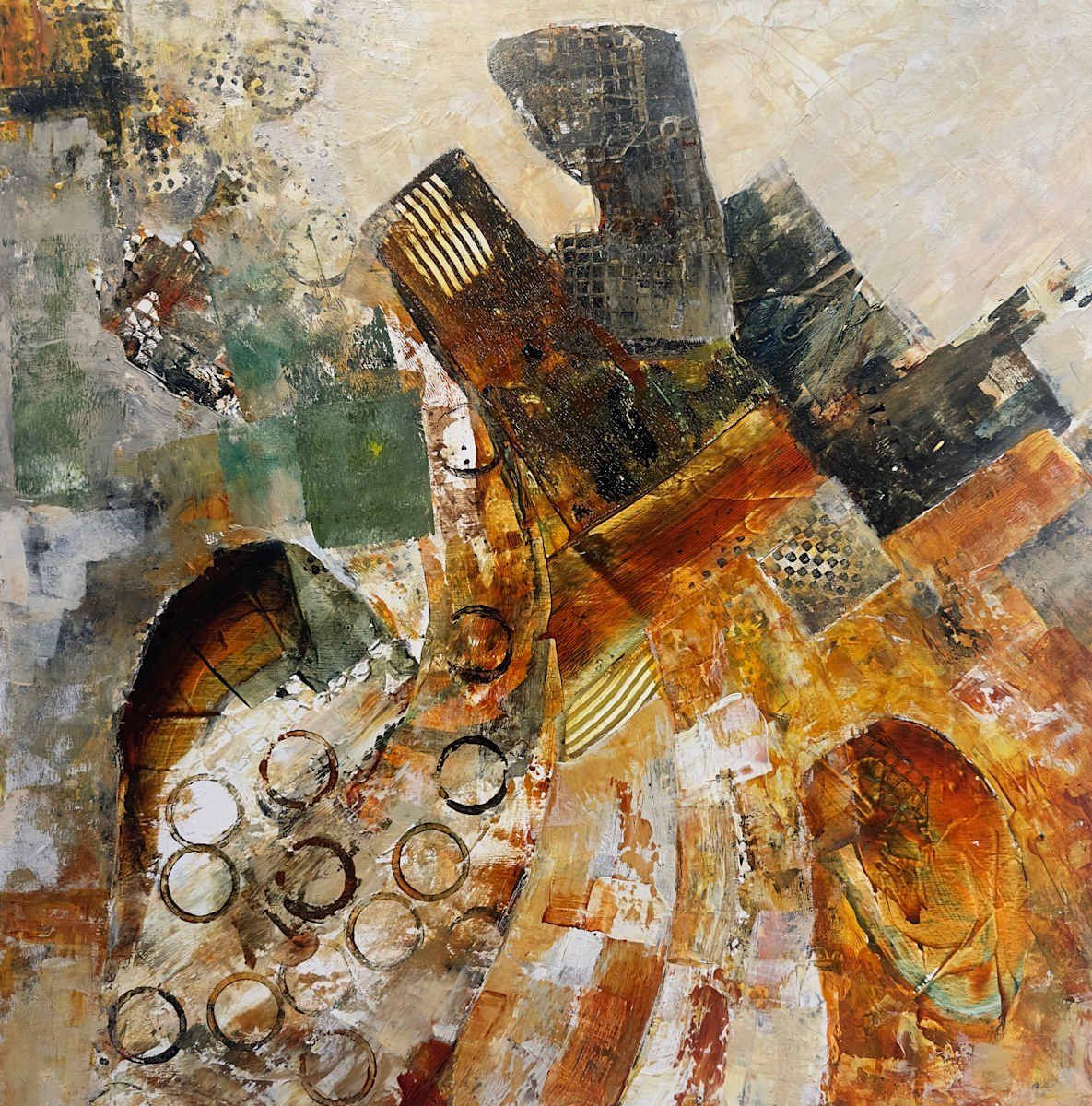 Abstract artwork with tan, brown, and green blocks. Some have geometric patterns, circles.