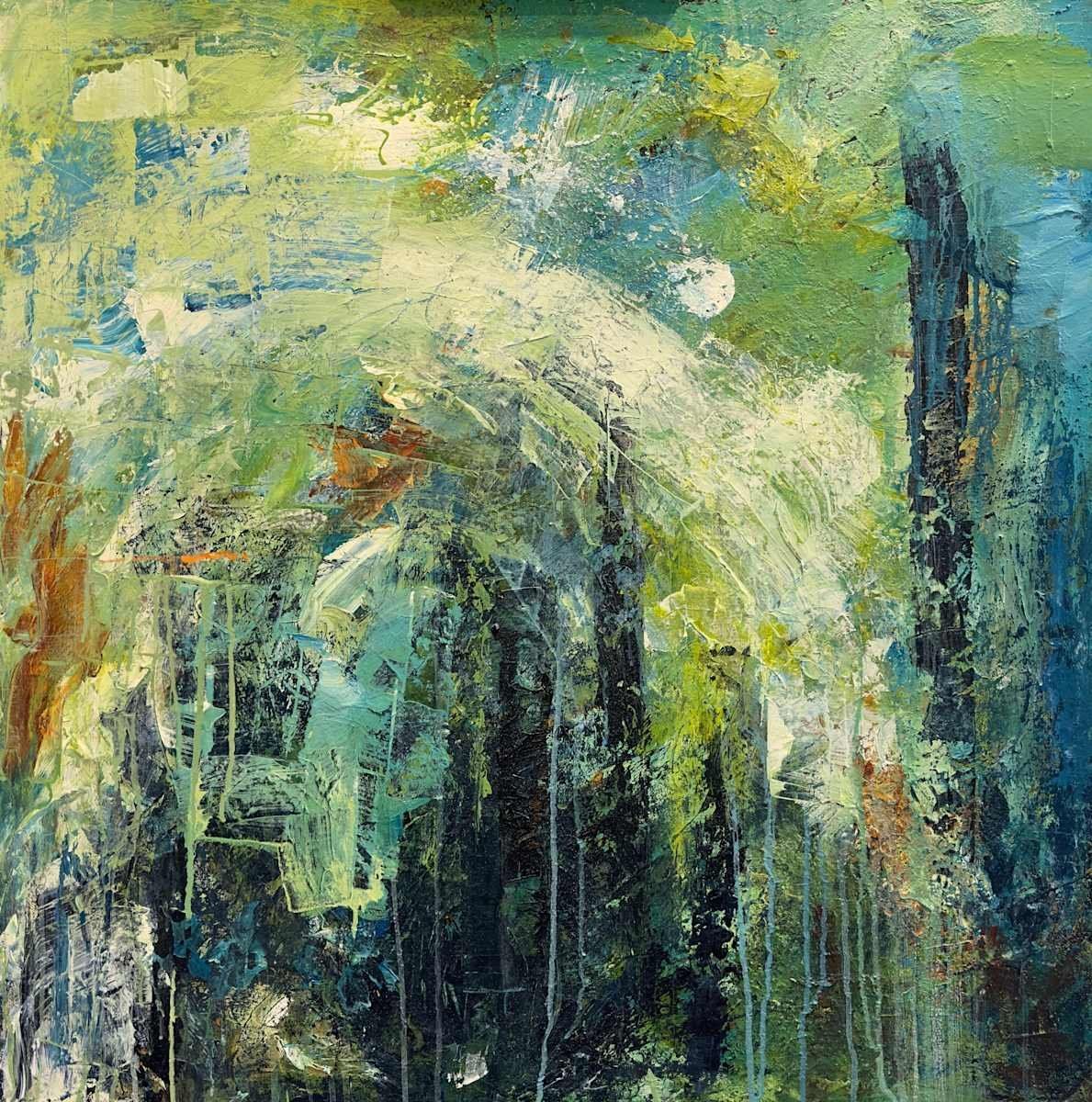 Abstract painting with green, blue, and brown hues. Textured brushstrokes evoke a landscape, possibly with trees and a light source.