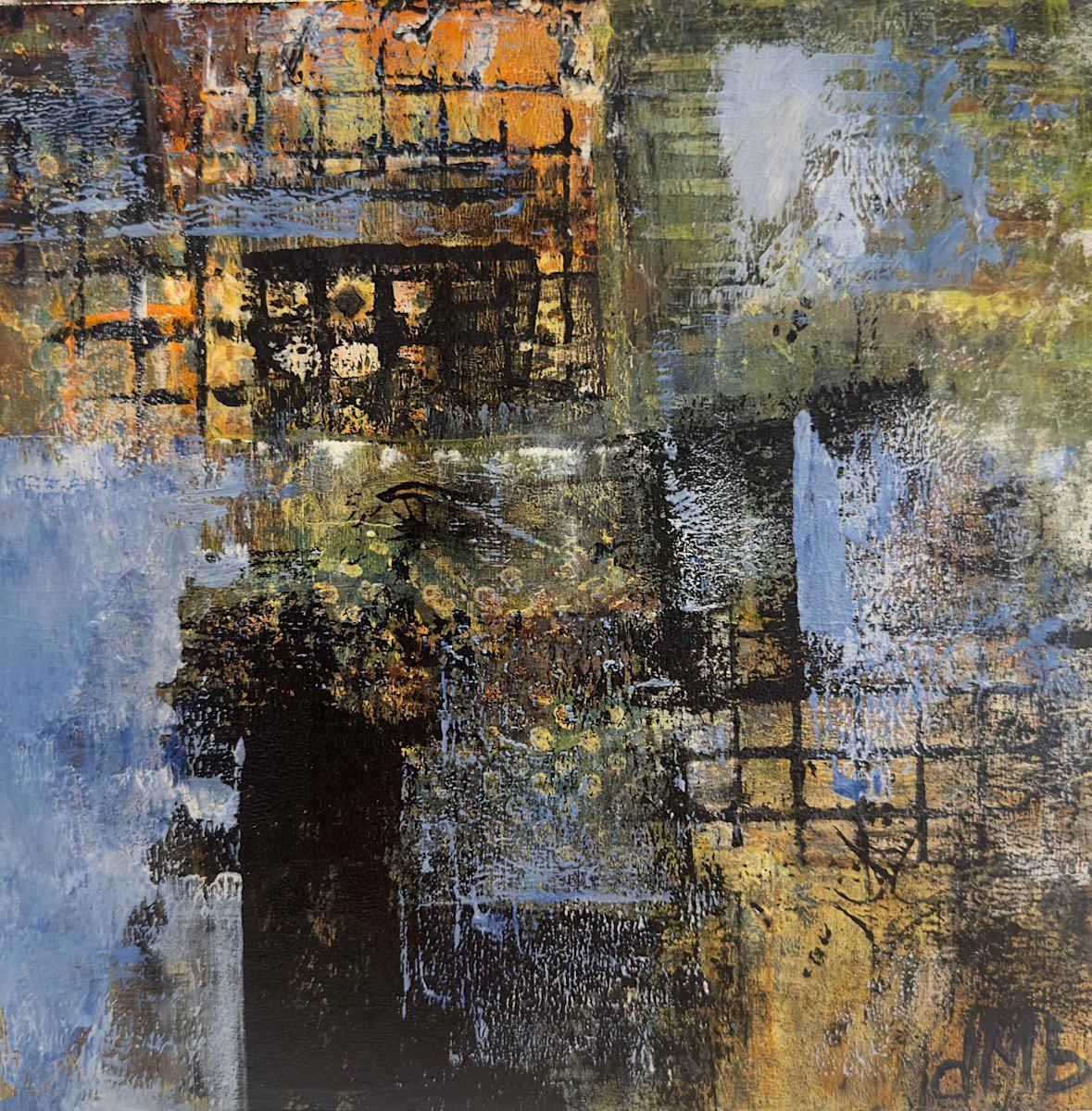 Abstract painting: square blocks of color, blue, brown, yellow, black with grid-like structures.