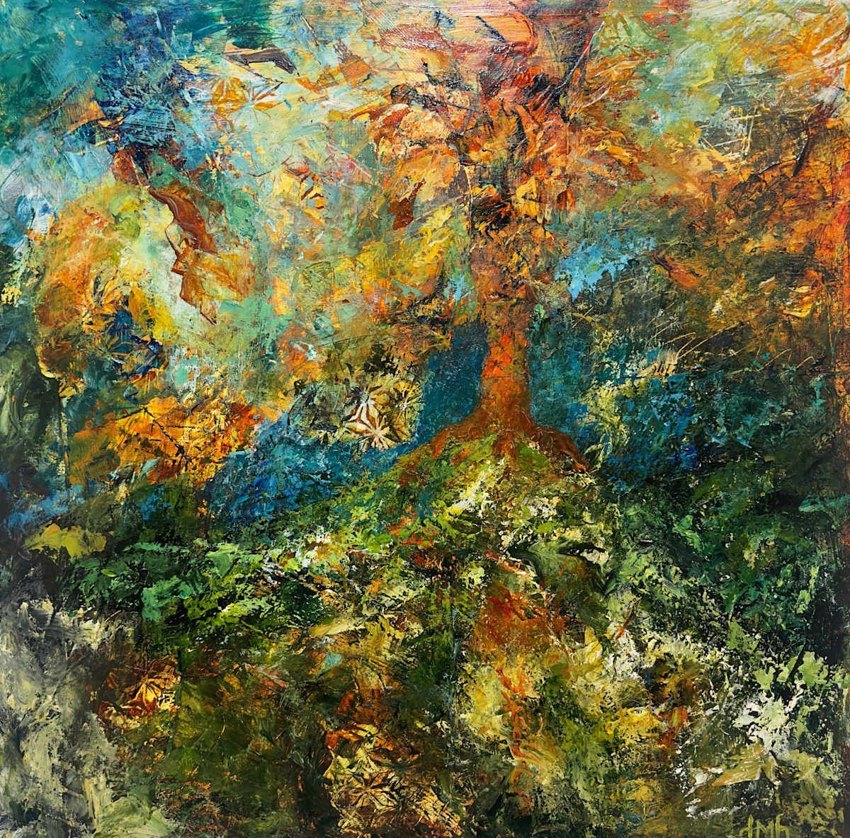 Abstract painting of a tree with orange and yellow leaves, surrounded by green and blue brushstrokes.